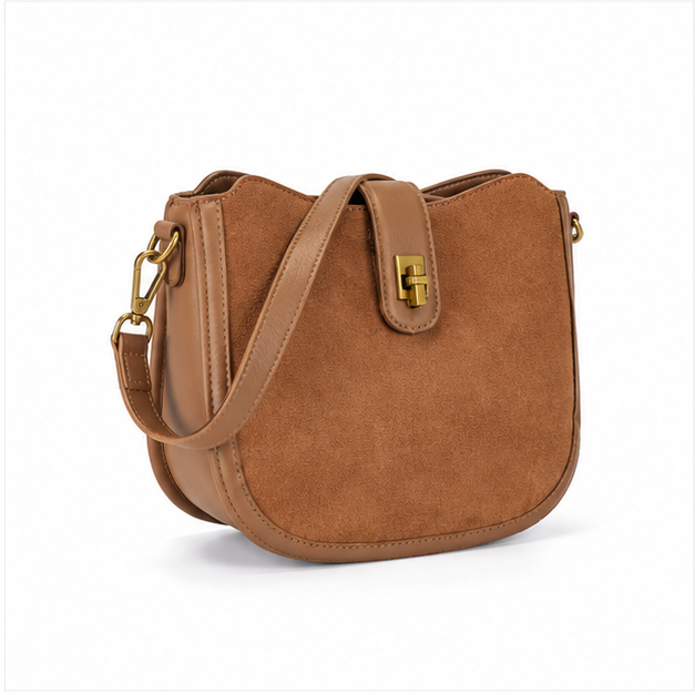 Coffee Suede Saddle Crossbody Shoulder Bag-1