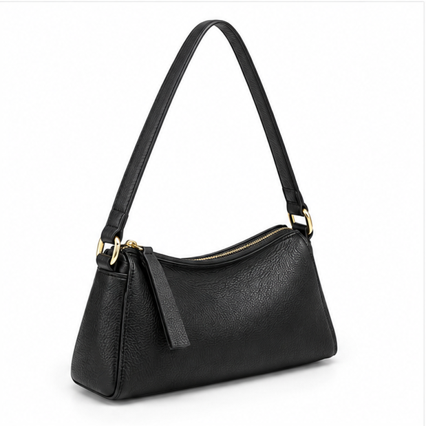 Black Pebbled Leather Shoulder Baguette Bag-1