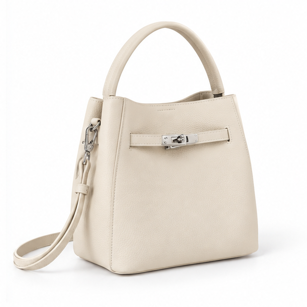 Elegant Ivory Pebbled Leather Bucket Handbag-1