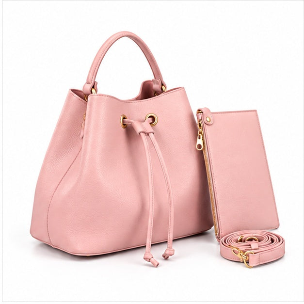 Pink Drawstring Bucket Handbag Pouch Set-1