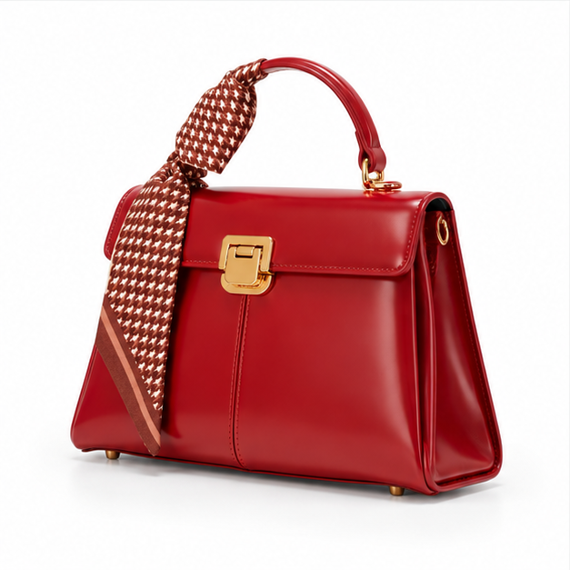 Red Bow Accent Structured Leather Handbag-3