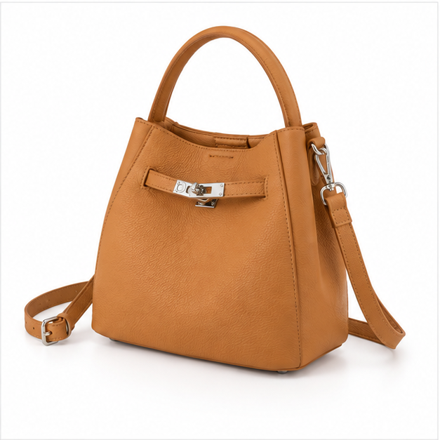 Elegant Tan Textured Leather Bucket Handbag-3