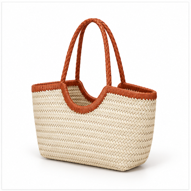 Handwoven Raffia Tote Bag With Handles-3