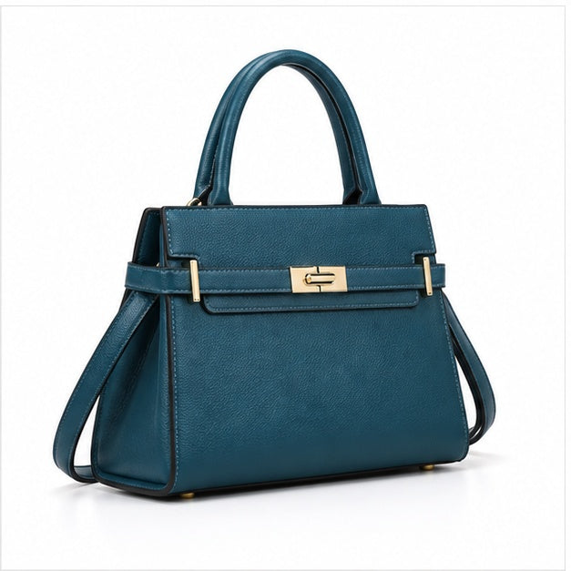 Teal Gold Lock Structured Shoulder Handbag-1