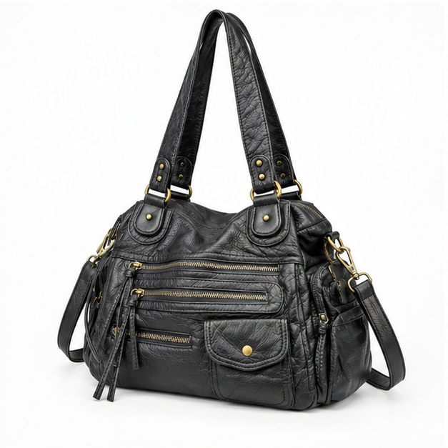 Black Multi-Pocket Leather Shoulder Handbag Tote-3