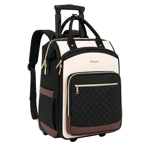 Cream Black Quilted Rolling Travel Backpack