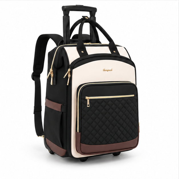 Cream Black Quilted Rolling Travel Backpack-1