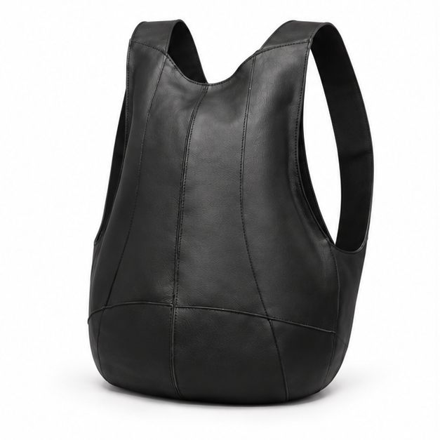 Black Minimalist Leather Everyday Shoulder Backpack-3