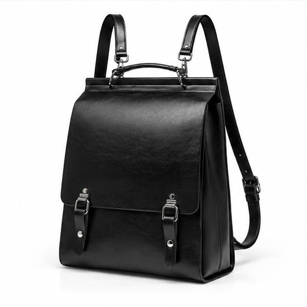 Black Leather Buckle Backpack Shoulder Bag-3