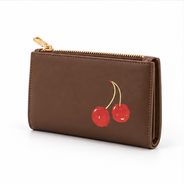 Brown Cherry Print Zip Pouch Wallet-3