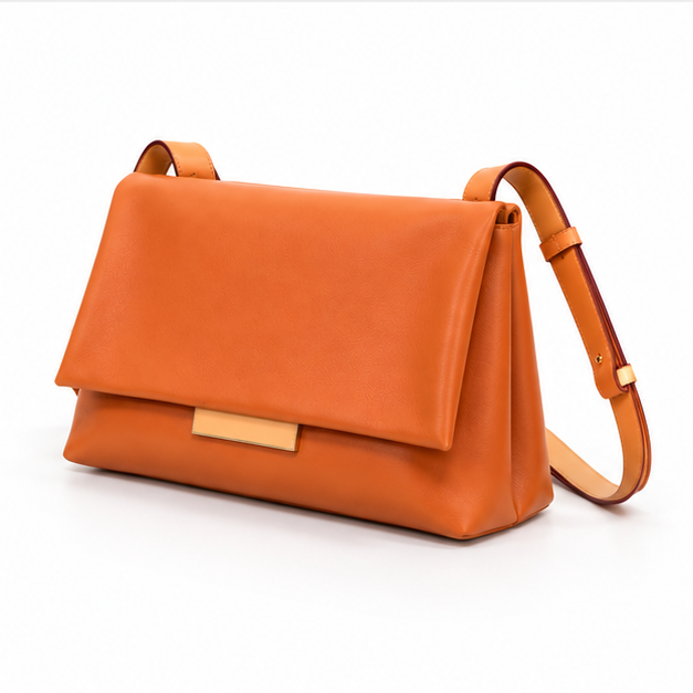 Orange Leather Flap Shoulder Crossbody Bag-3