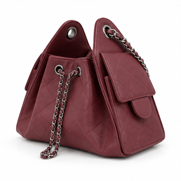 Burgundy Quilted Chain Drawstring Shoulder Bag-3