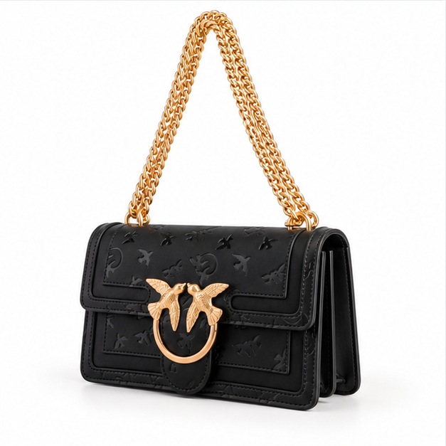 Black Embossed Gold Chain Shoulder Bag-3