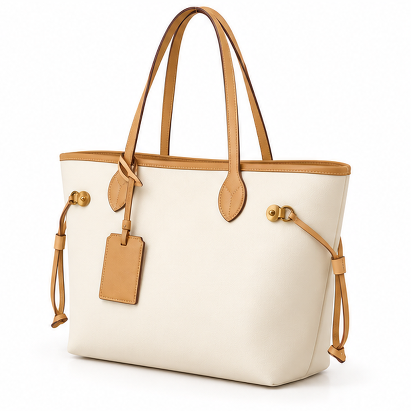 Elegant Cream Tan Trim Tote Bag-3