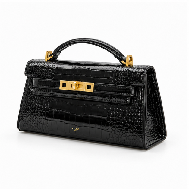Black Crocodile Embossed Top Handle Handbag-3