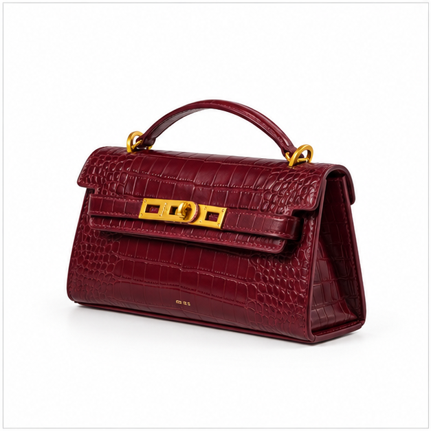 Burgundy Croc Embossed Structured Top Handle-3