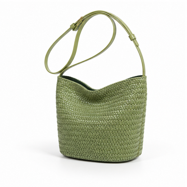 Olive Woven Adjustable Shoulder Bucket Bag-3