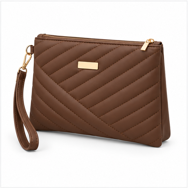Brown Quilted Wristlet Clutch Bag Purse-3