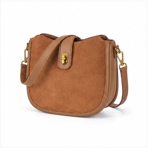 Coffee Suede Saddle Crossbody Shoulder Bag-3