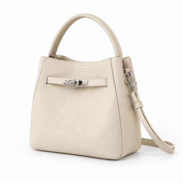 Elegant Ivory Pebbled Leather Bucket Handbag-3