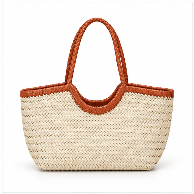 Handwoven Raffia Tote Bag With Handles-2