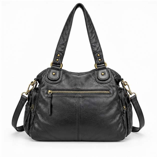 Black Multi-Pocket Leather Shoulder Handbag Tote-2