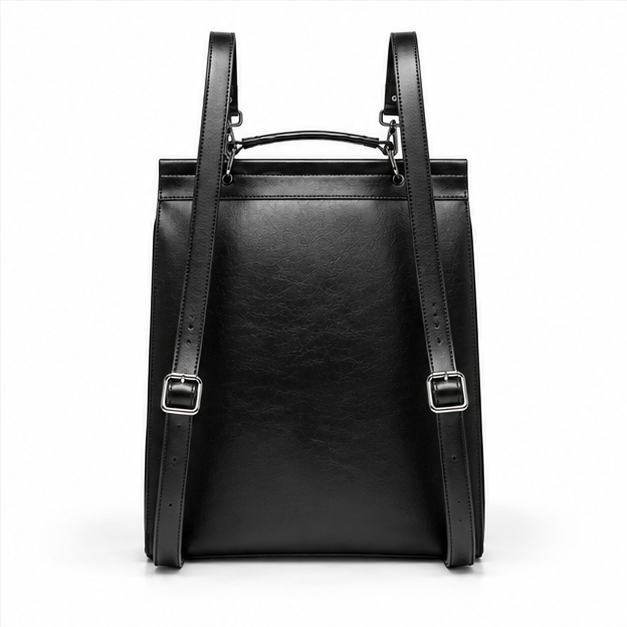 Black Leather Buckle Backpack Shoulder Bag-2