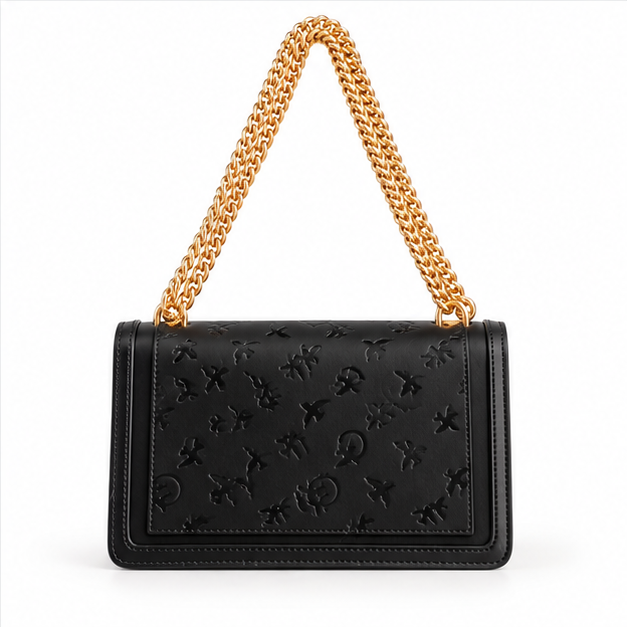 Black Embossed Gold Chain Shoulder Bag-2