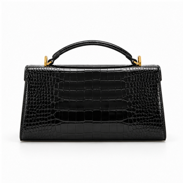 Black Crocodile Embossed Top Handle Handbag-2