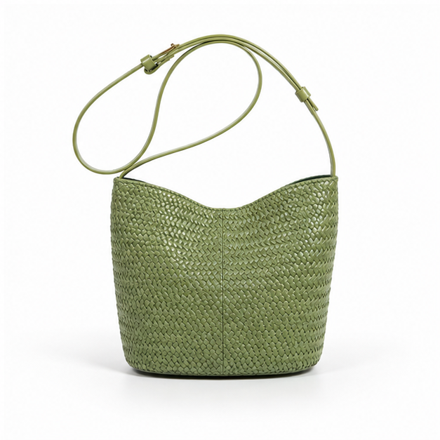 Olive Woven Adjustable Shoulder Bucket Bag-2