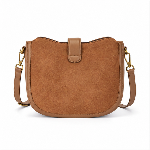 Coffee Suede Saddle Crossbody Shoulder Bag-2