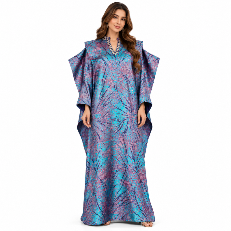 Turquoise Purple Printed Luxury Kaftan Dress-1