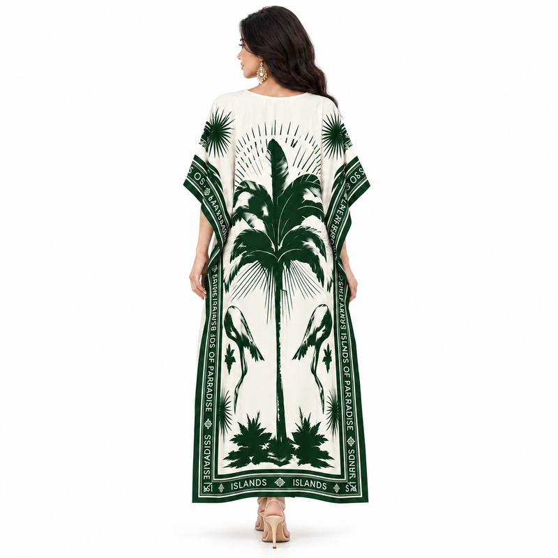 Dark Green Tropical Print Kaftan Dress-4