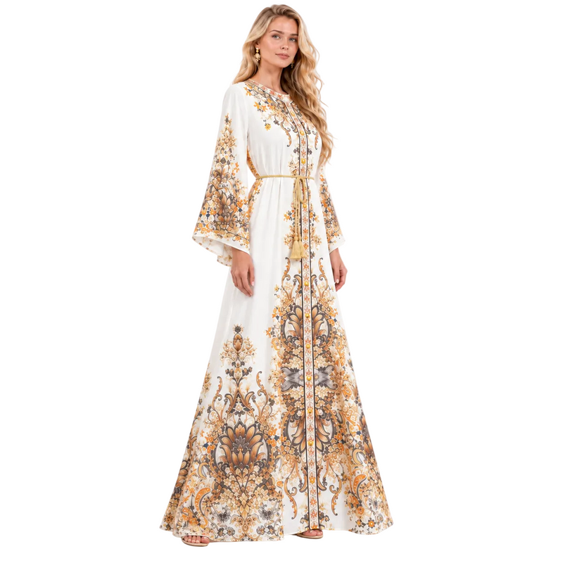 White Floral Printed Elegant Gamis Kaftan-2