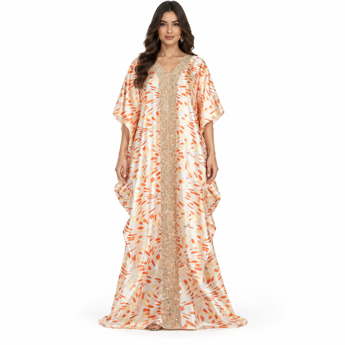 Champagne Orange Embellished Satin Flowing Kaftan-1