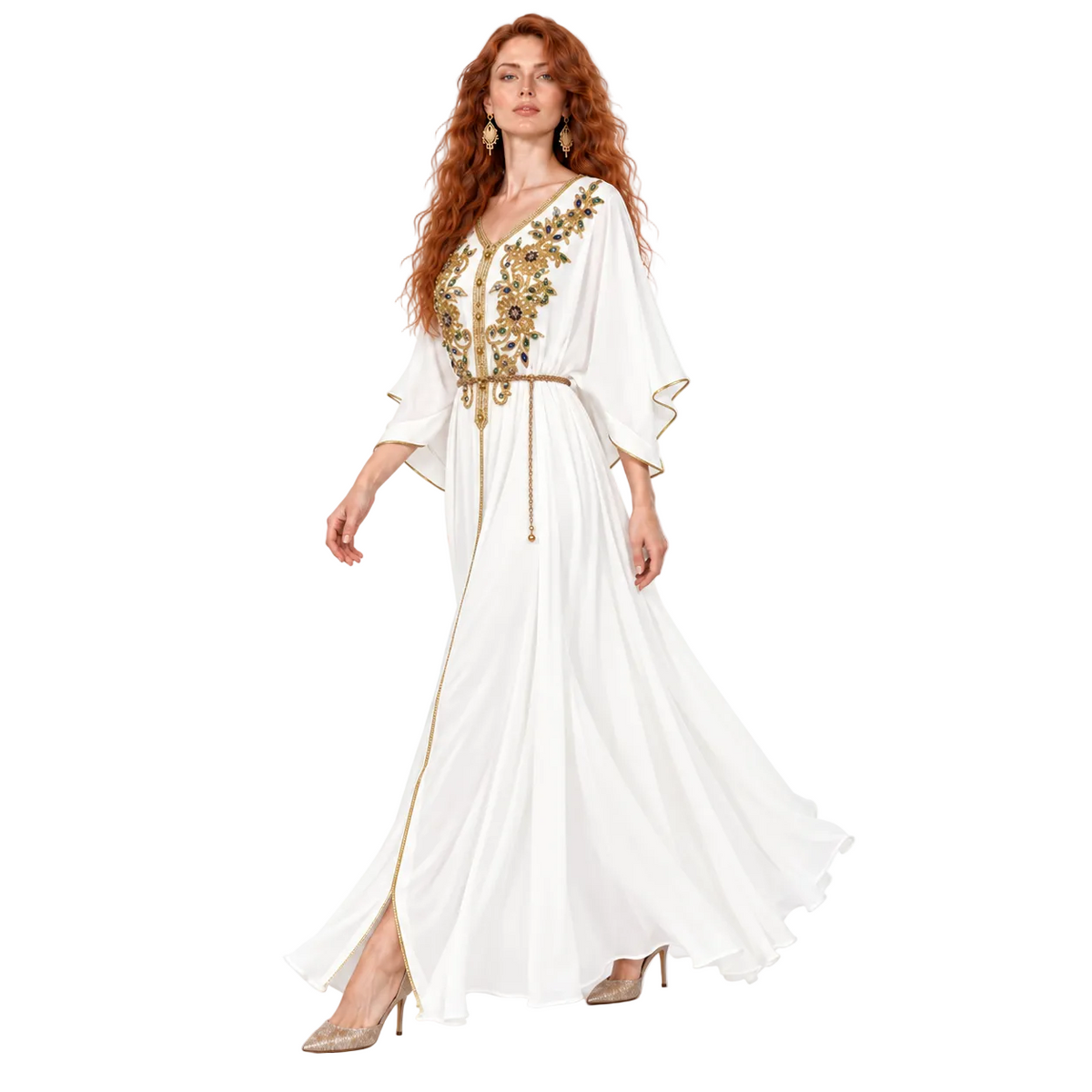 White Gold Embroidered Elegant Lebaran Kaftan-3