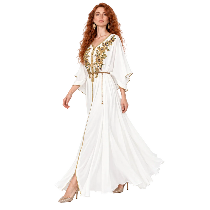 White Gold Embroidered Elegant Lebaran Kaftan-3