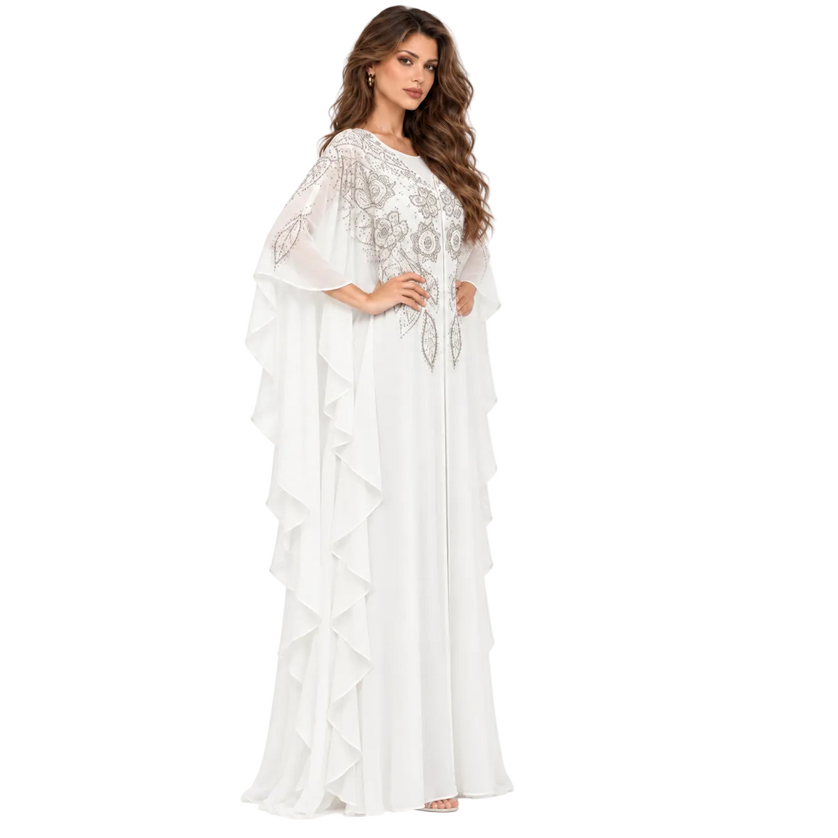 White Embellished Chiffon Kaftan Evening Dress-3