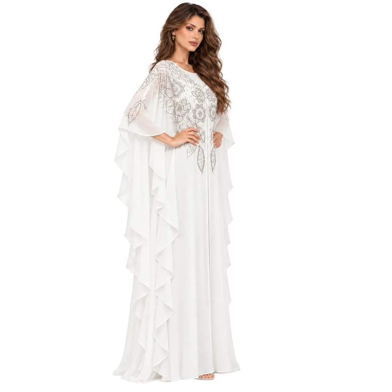 White Embellished Chiffon Kaftan Evening Dress-3