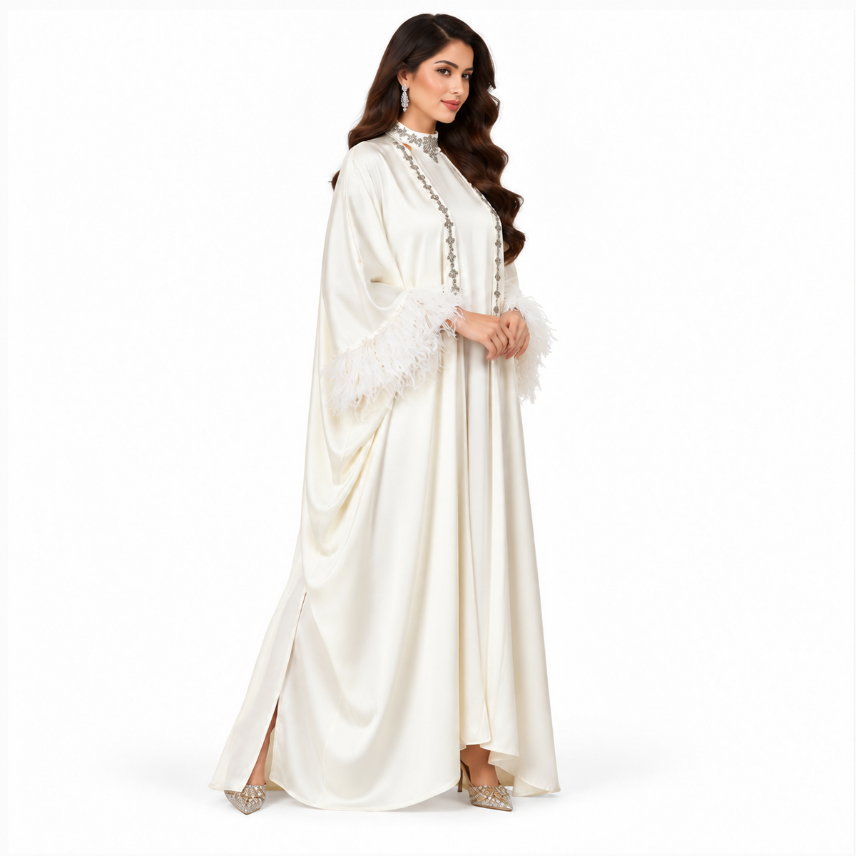 Elegant White Feather Pakistani Kaftan Dress