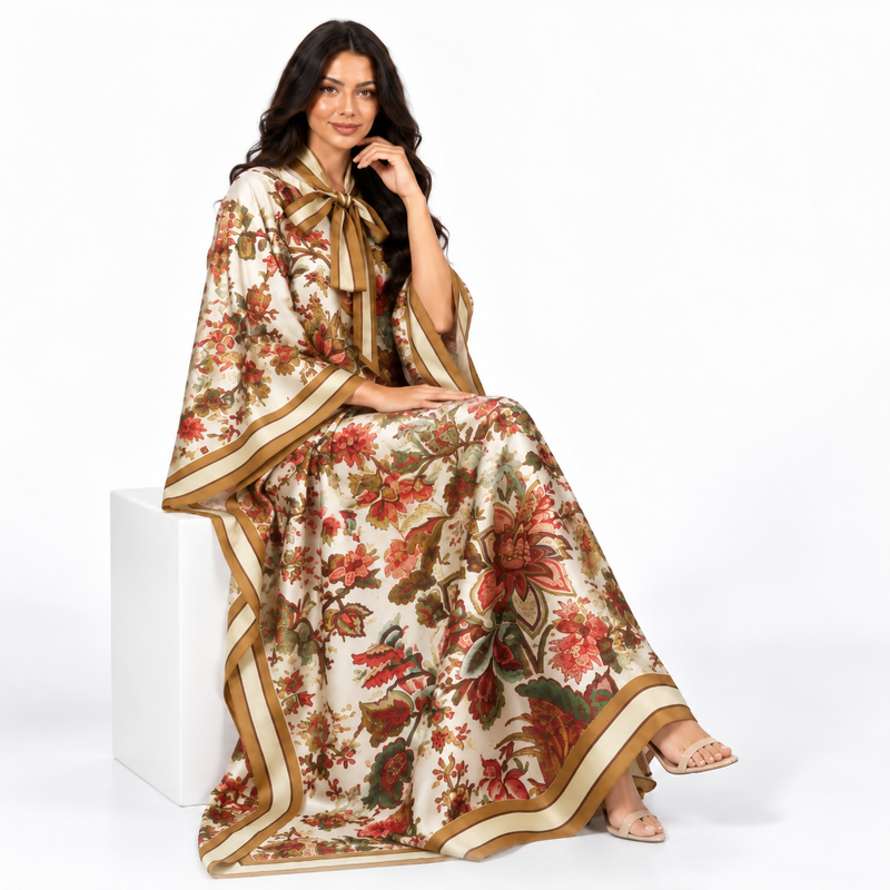 Elegant Ivory Floral Print Satin Kaftan-3