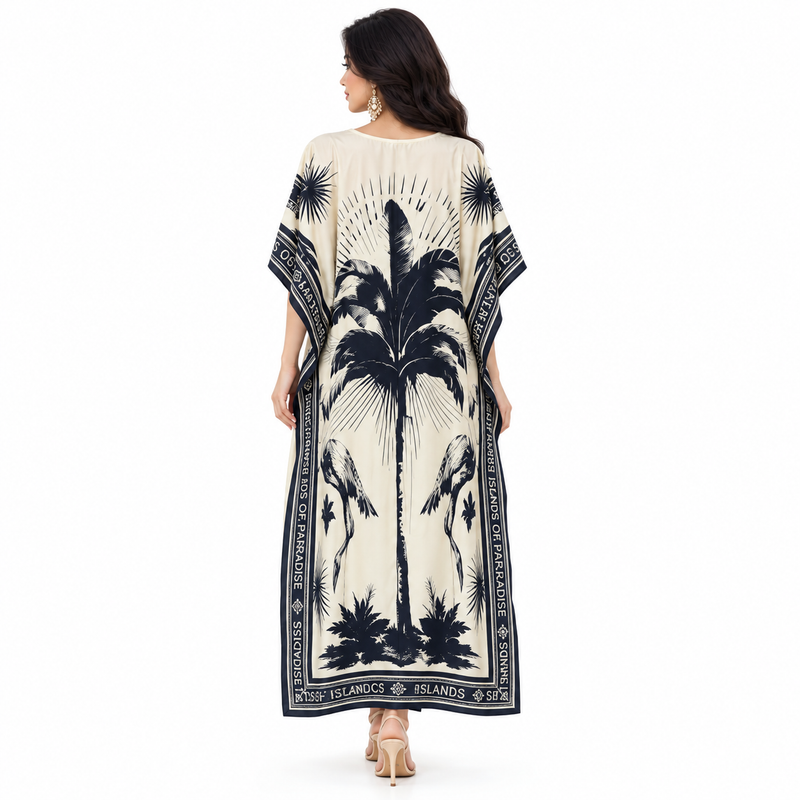 Champagne Tropical Print Relaxed Kaftan Dress-4