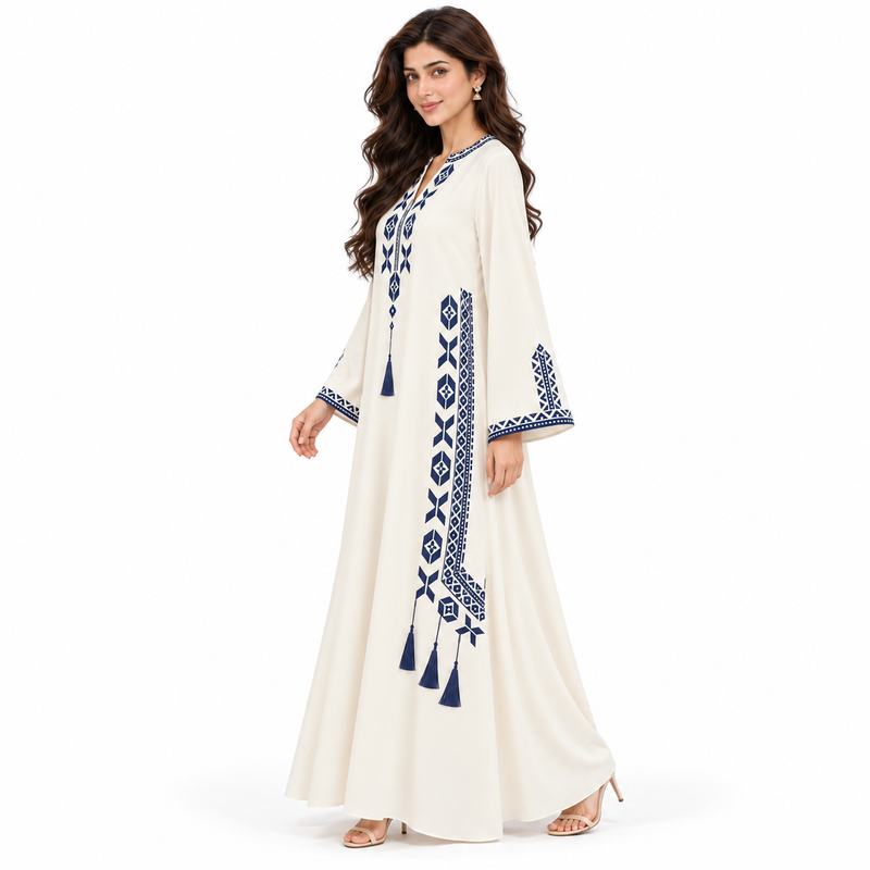 Milky White Embroidered Pakistani Kaftan Dress-3