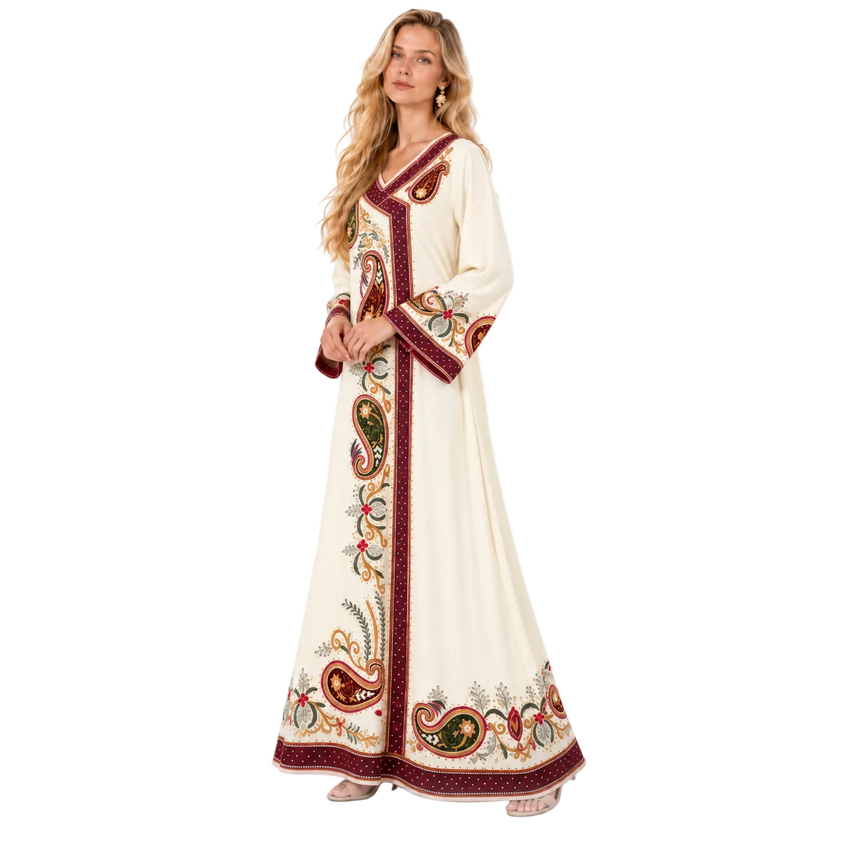 Ivory Paisley Embroidered Gamis Luxury Kaftan-2