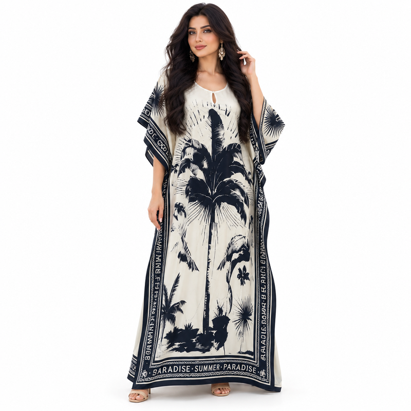 Champagne Tropical Print Relaxed Kaftan Dress-1
