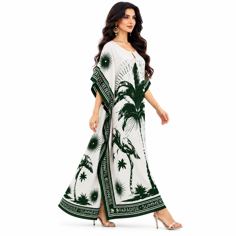 Dark Green Tropical Print Kaftan Dress-3