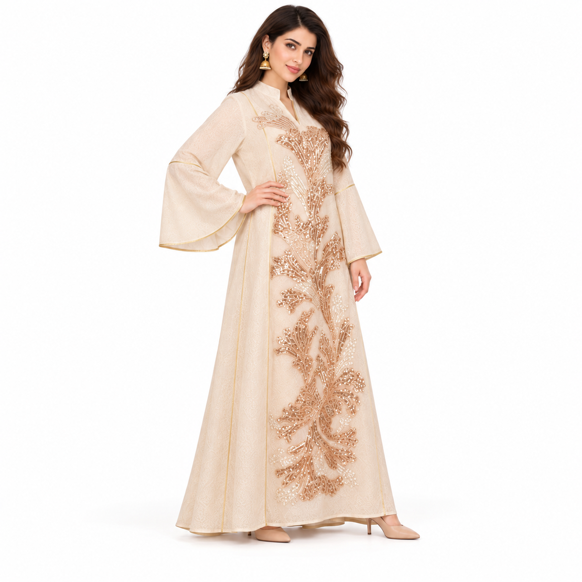 Elegant Pakistani Apricot Sequin Embroidered Kaftan