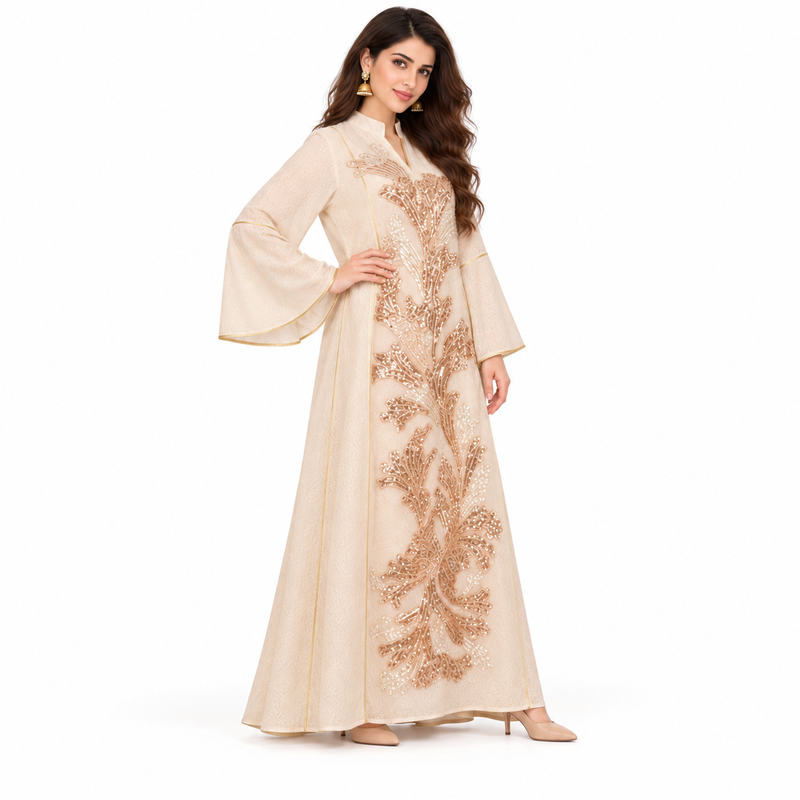 Elegant Pakistani Apricot Sequin Embroidered Kaftan-2