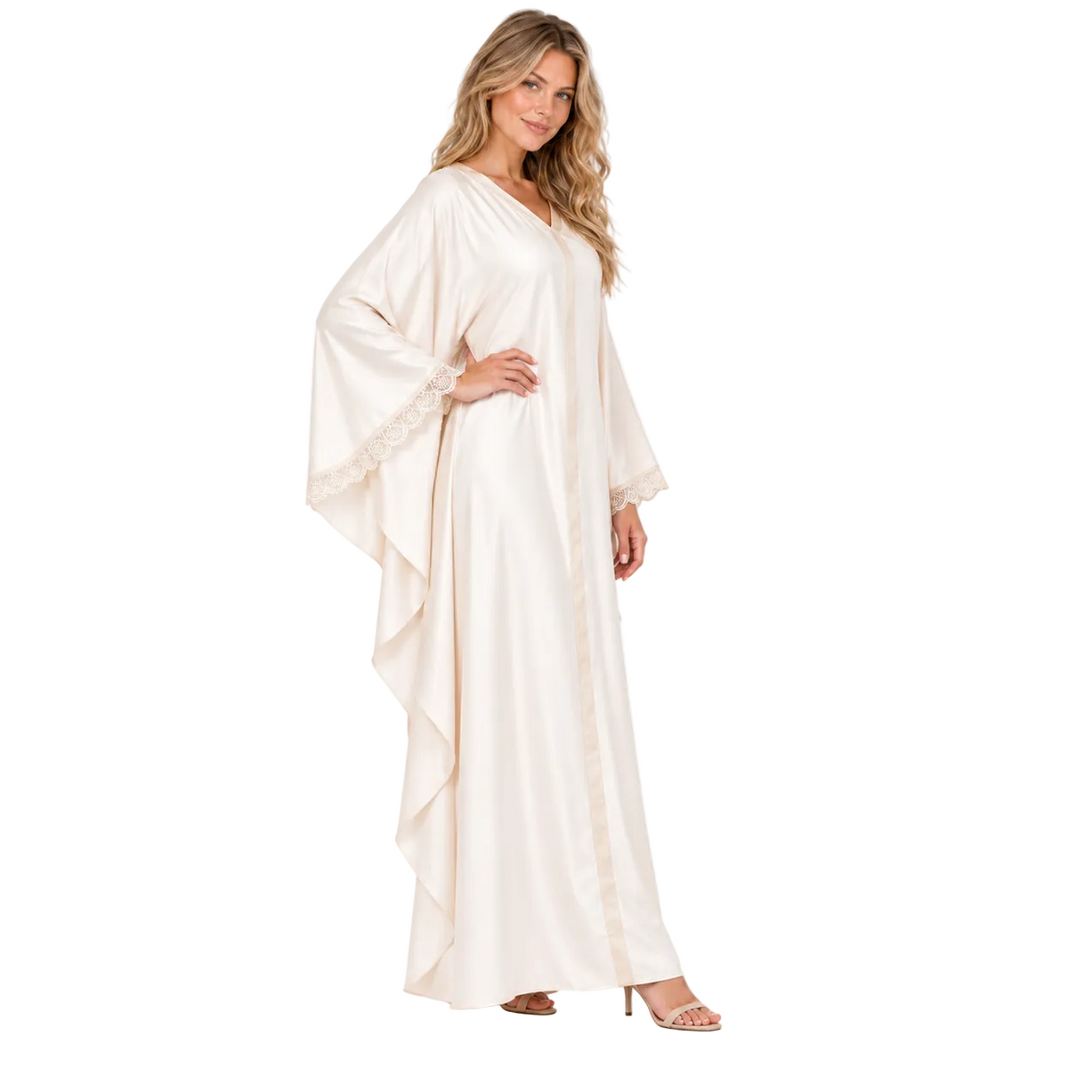 Elegant Ivory Lace Trim Silk Satin Kaftan-3