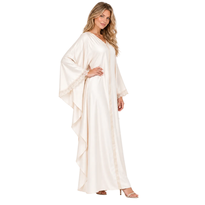 Elegant Ivory Lace Trim Silk Satin Kaftan-3